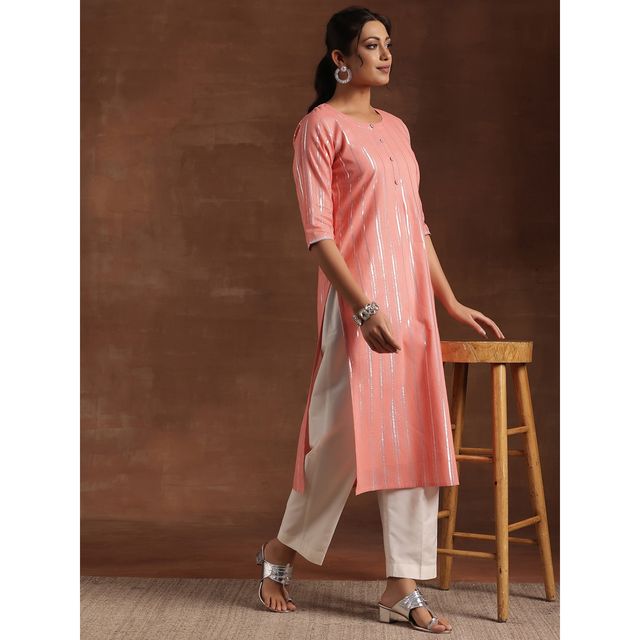 Libas Women's Woven Design Cotton Straight Kurta | 29197 29197 | Peach - L