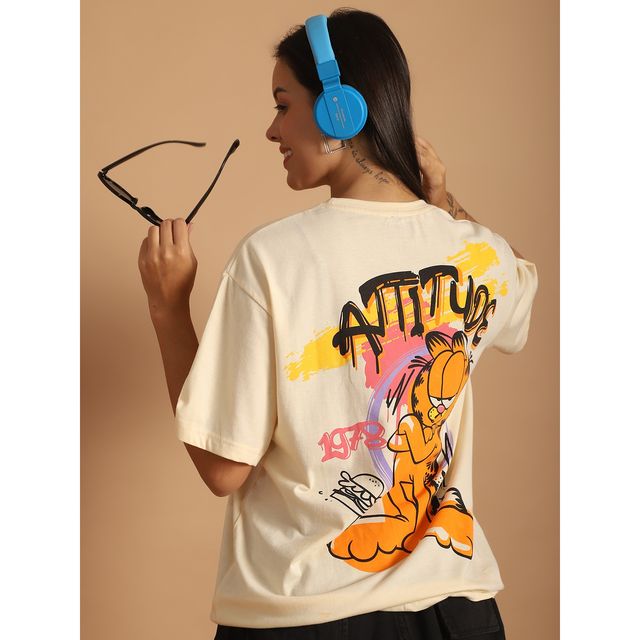 Fabflee Women Oversize Cotton Printed Round Neck Tshirt | Beige | FAB-OS-515 | M