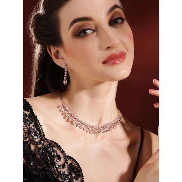 Priyaasi Rose Gold Plated American Diamond Studded Jewellery Set