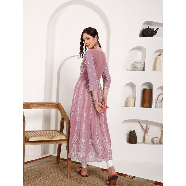 Youthnic Georgette Chikankari Embroidery Anarkali Kurta | B19 - Apsara Dusty Pink | XL