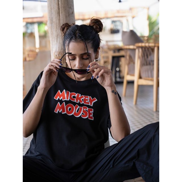 Bonorganik Women's Mickey Oversize Front and Back print T-shirt BON12087 Black XL