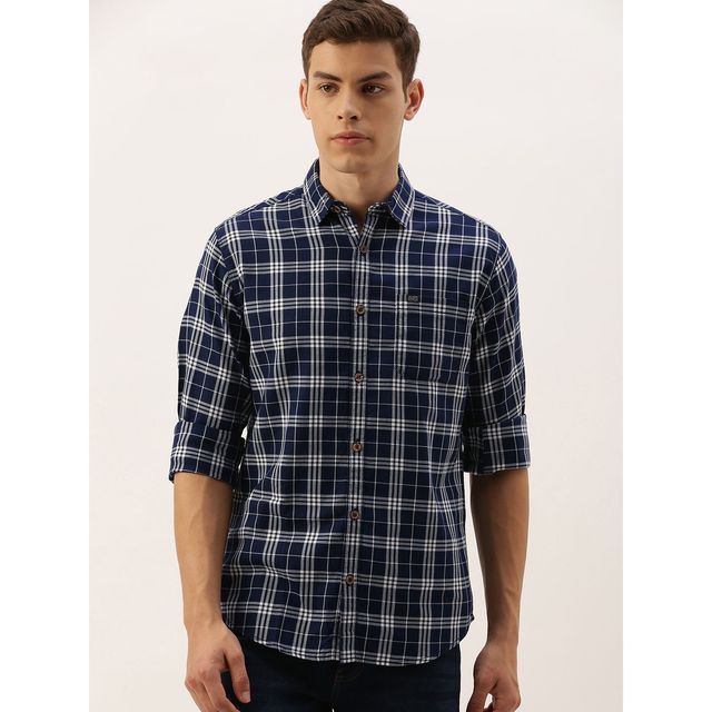 The Indian Garage Co Men's Slim Fit Checkered Casual Shirt | Navy Blue - 2XL