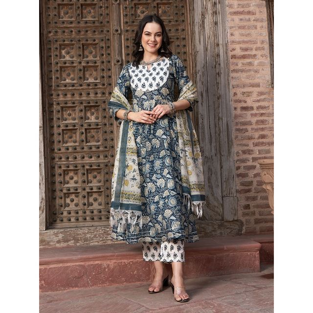 Bandia Women's Floral Printed Anarkali Kurta Trouser Set with Dupatta | BANKS0001 | Blue | XL