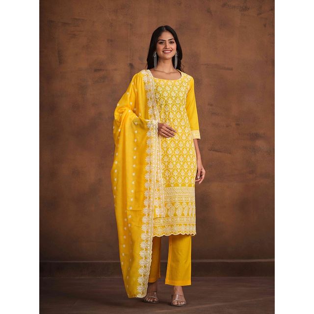 Ishin Women Kurta Set with Dupatta | INWSDS24012 | Yellow - XL