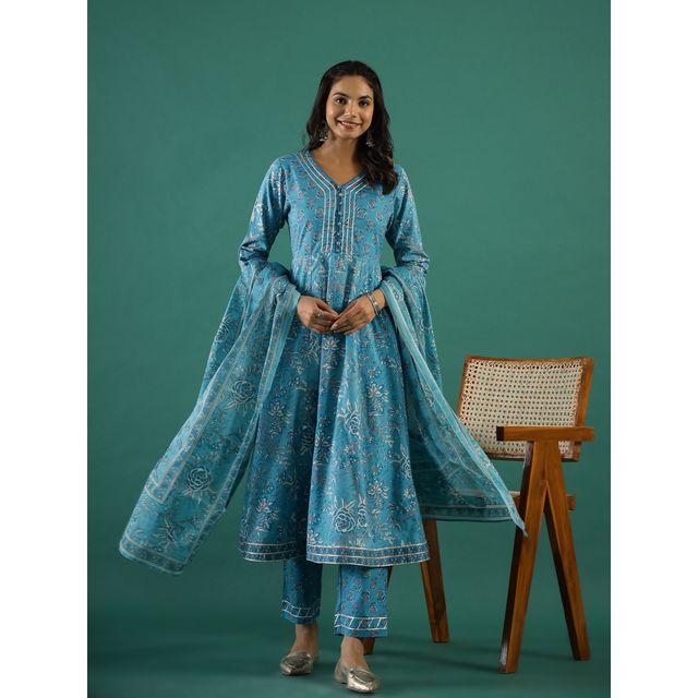 Rangdeep Floral Printed Regular Pure Cotton Anarkali Kurta with Trousers & Dupatta for Women | XL