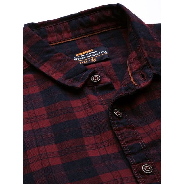 The Indian Garage Co Men's Slim Fit Checkered Casual Shirt | Maroon - XL