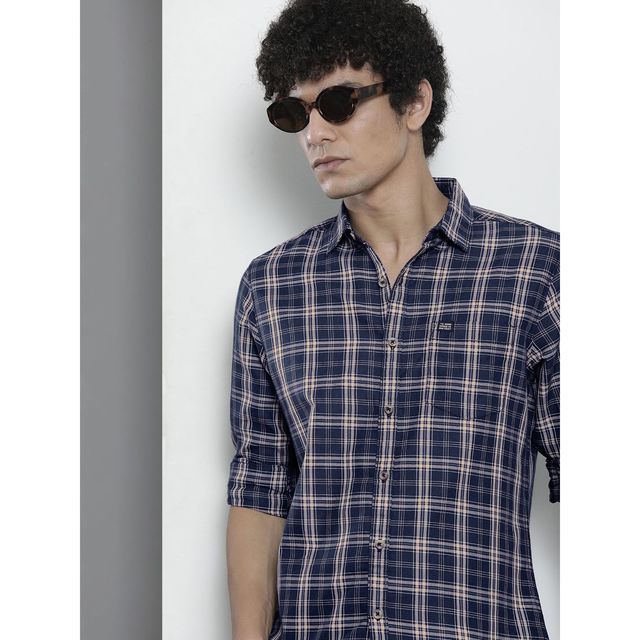The Indian Garage Co Men's Regular Fit Checkered Casual Shirt | Navy - S