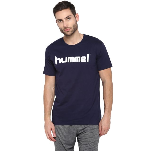 hummel Men's Go Logo Round Neck Solid Regular Fit Cotton Poly T-shirt | Marine - L