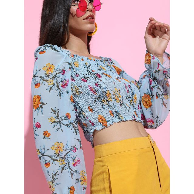 Tokyo Talkies Women's Floral Print Top | Light Blue - S