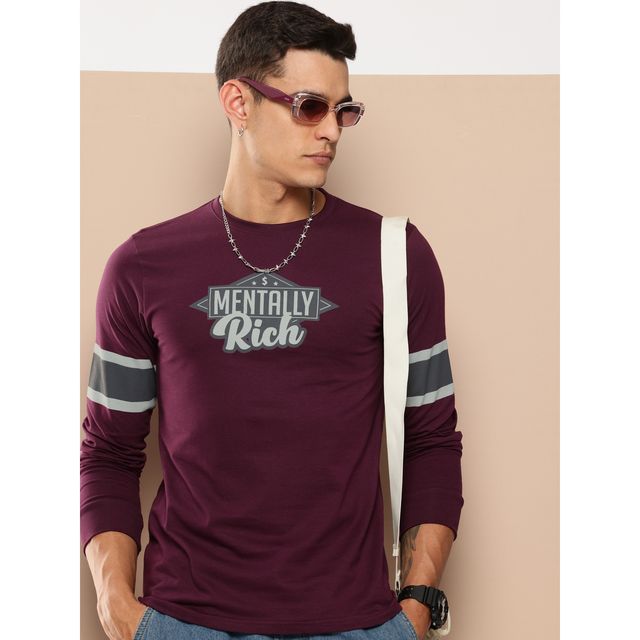 Difference of Opinion Men Long Sleeve Colourblocked Printed T-shirt - Burgundy | Pure Cotton | L
