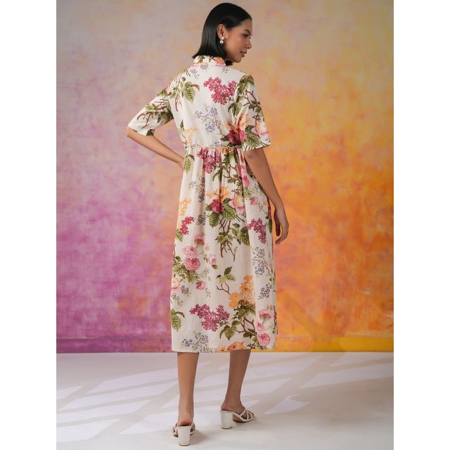 Sanskrutihomes Floral Print Fit & Flare Dress for Women s | Off White | M