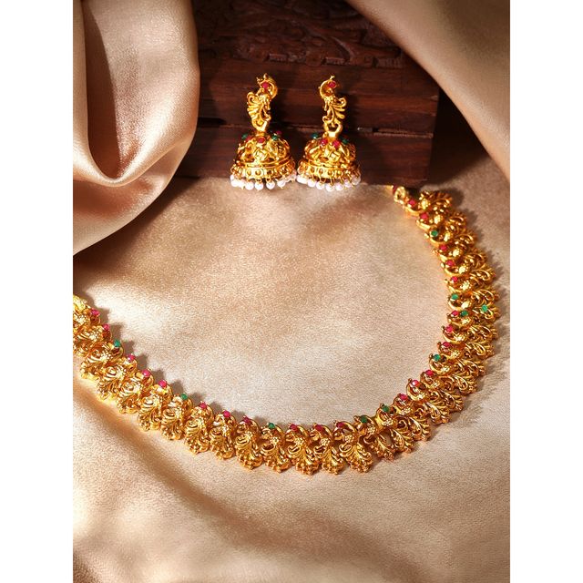 Rubans 22K Gold-Plated Red and Green Studded Temple Jewellery Set