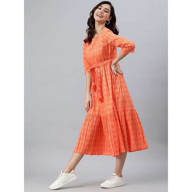 Janasya Women s Orange Pure Cotton Woven Design Tiered Western Dress - JNE3870-DR - S