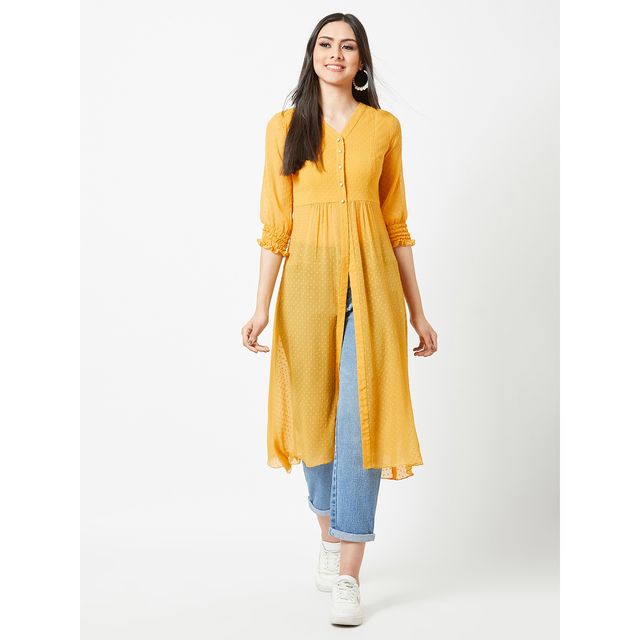 Miss Chase Twist The Victorian Sleeve Maxi Slit Top | Mustard-Yellow - L