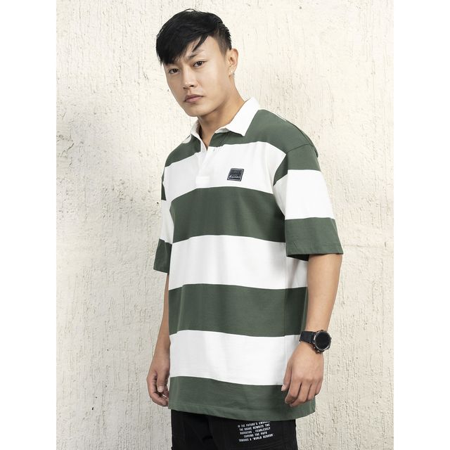 Hubberholme Men's Colourblocked Polo Collar Oversized T-shirt | Green - XXL