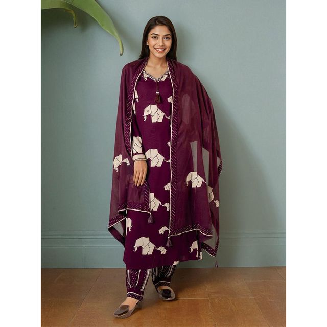 Ishin Women Cotton Kurta Set with Dupatta | INWSDS24232 | Wine - S