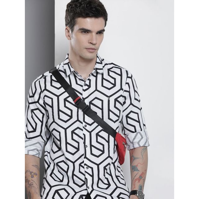 The Indian Garage Co Men's Slim Fit Geometric Print Party Shirt | White - XL
