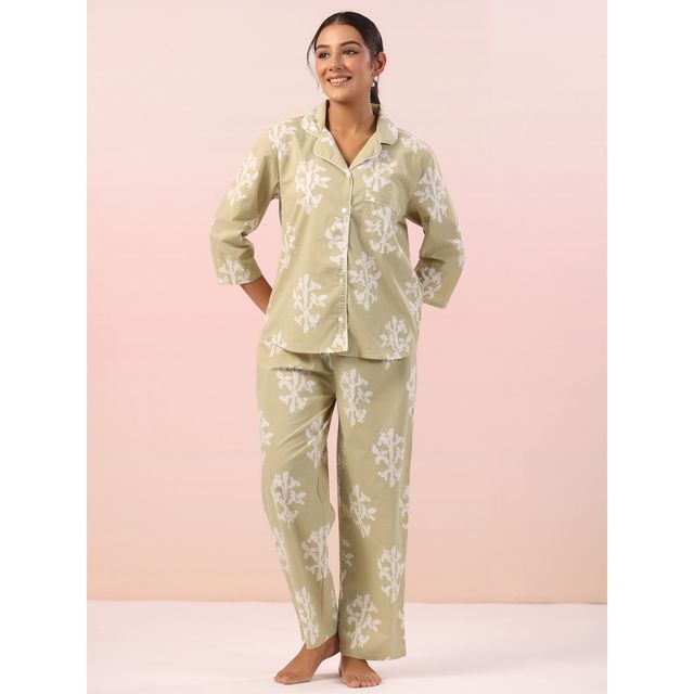Sanskrutihomes Women Pure Cotton Green Printed Night Suit SE-NSP-522 | XL