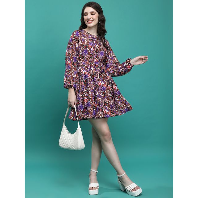 Ketch Women's Floral Printed Tie-Up Fit & Flare Dress | Multicolor - M