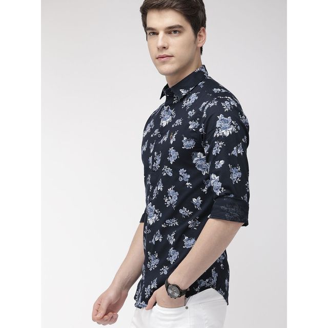 The Indian Garage Co Men's Slim Fit Floral Print Casual Shirt | Navy Blue - M