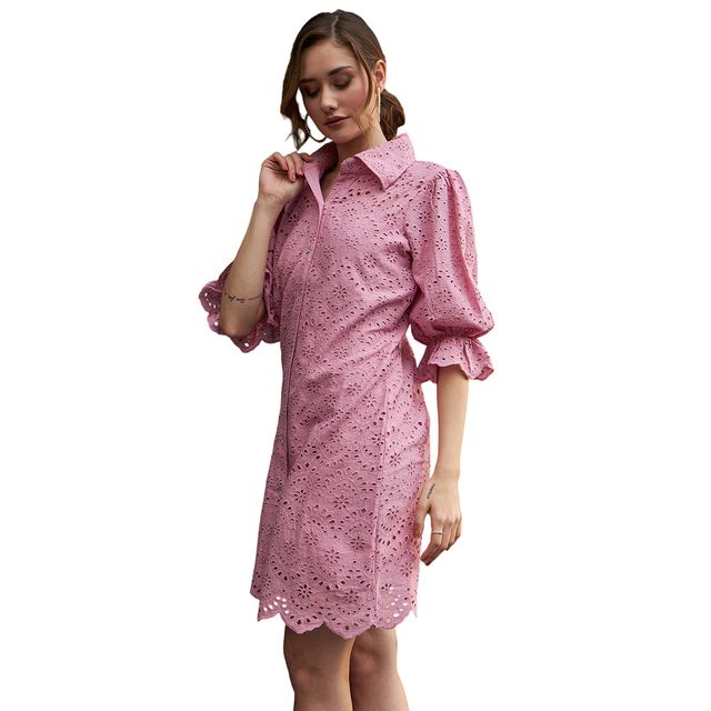 Athena Women's Self Design Schiffli Cotton Shirt Dress Pink - S