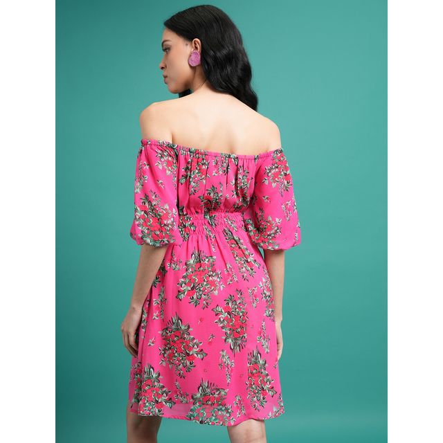 Ketch Women's Floral Printed Off-Shoulder Flared Sleeves Smocked Fit & Flare Mini Dress | Multicolor - S