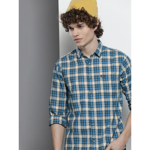 The Indian Garage Co Men's Slim Fit Checkered Casual Shirt | Blue - XL