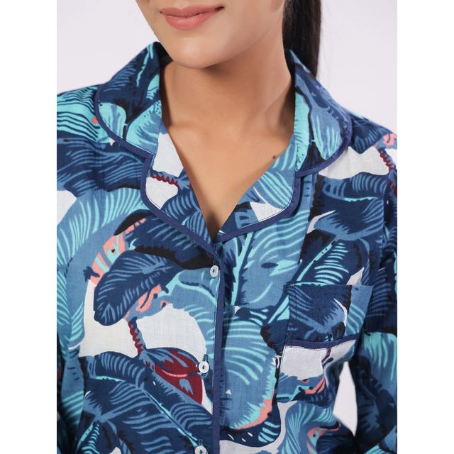 Sanskrutihomes Women's Tropical Cotton Nightwear | Blue - L