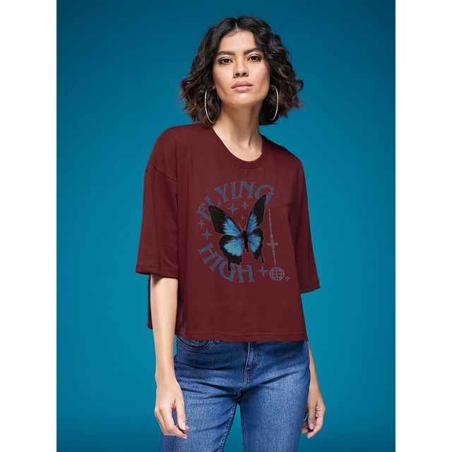 Smartees Womens Oversize Printed T-shirt | WW - Boxy | 3001 | Maroon | M