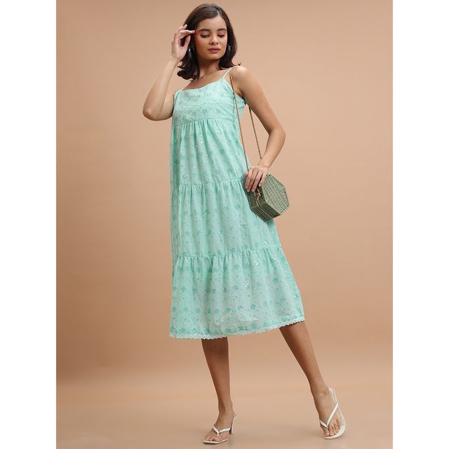 Ketch Women Floral Embroidered Tiered Gathered A-Line Midi Dress | Green | M