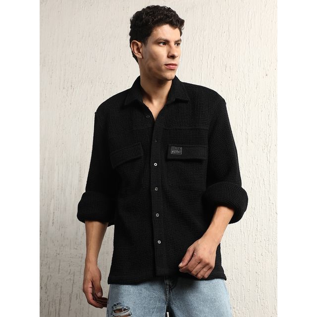 Hubberholme Men's Oversized Cotton Casual Waffel Double Pocket Full Sleeve Shirt | Black - 38