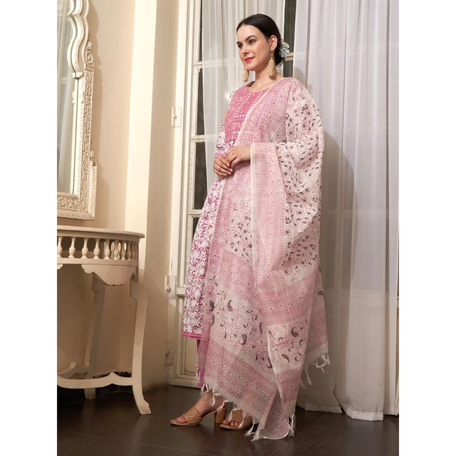 Bandia Women's Floral Printed Yoke Embroidery Kurta Set with Dupatta | BANKS0055 | Mauve | M
