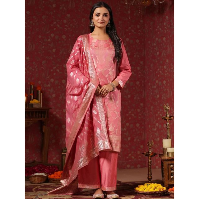 Ishin Women Straight Ethnic Poly Silk Kurta Set with Dupatta | INWSDAW231117 | Pink - M