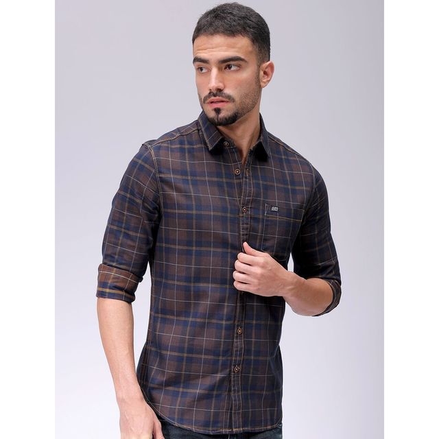The Indian Garage Co Men's Slim Fit Checkered Casual Shirt | Brown - L
