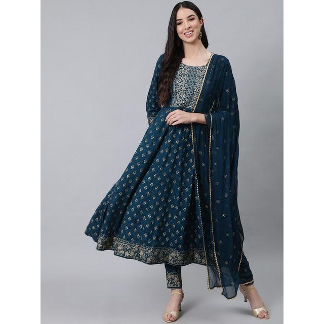 Anubhutee Women's Ethnic Motifs Embroidered Work Kurta with Trousers and Dupatta | Navy Blue - S