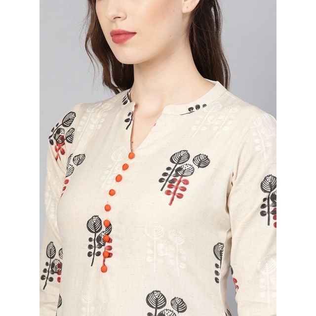 Libas Women's Off | White Printed Cotton Straight Kurta With Trousers | L