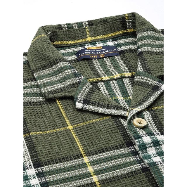 The Indian Garage Co Men's Relaxed Fit Checkered Resort Wear Half Sleeve Shirt | Green - S