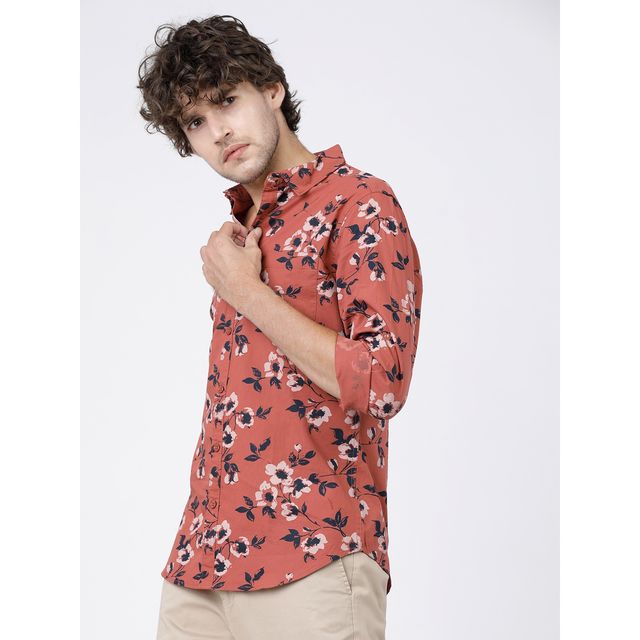 Highlander Men's Slim Fit Floral Printed Casual Shirt - Rust and Black | L