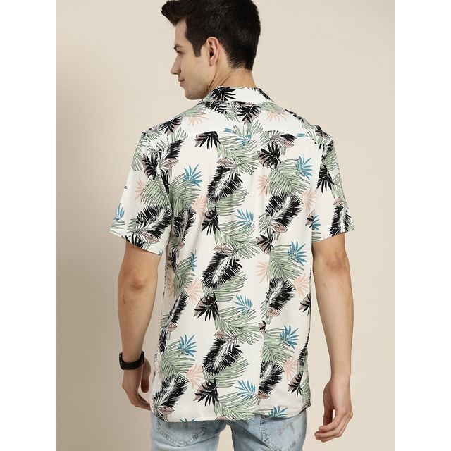 Hancock Men's Tropical Printed Cuban Collar Short Sleeve Casual Shirt - White & Green | 44
