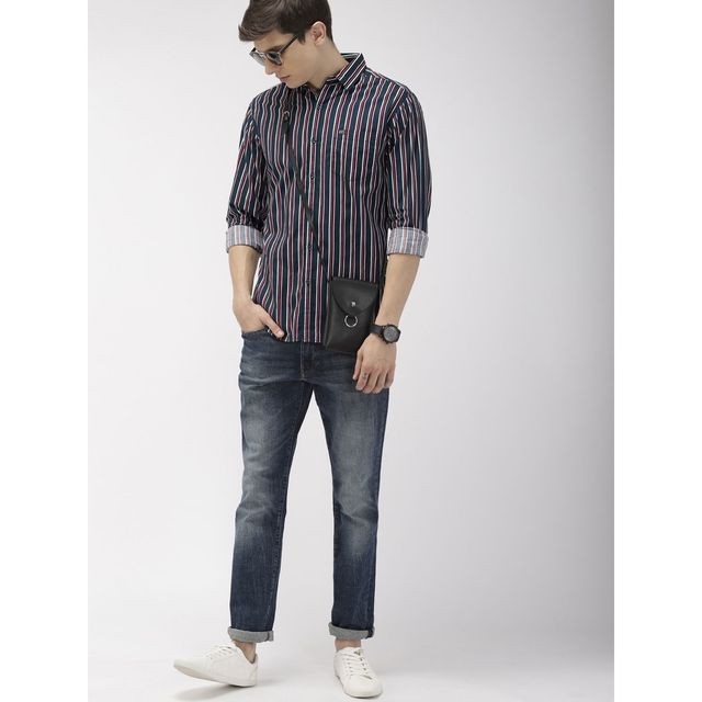 The Indian Garage Co Men's Slim Fit Multi Stripes Casual Shirt | Navy Blue - 2XL
