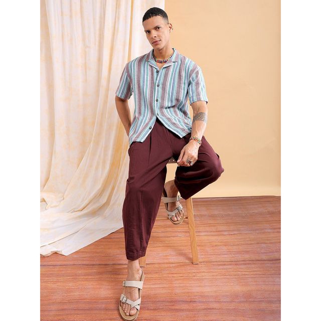 The Indian Garage Co Men's Relaxed Fit Striped Resort Half Sleeve Shirt | Maroon - S