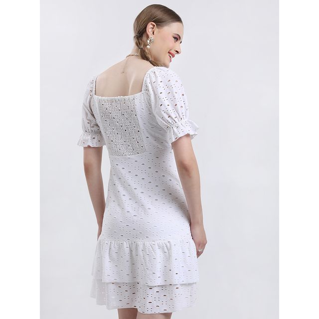 Ketch Women's Puff Sleeves Flounce Hem Schiffli Sheath Dress | White - M