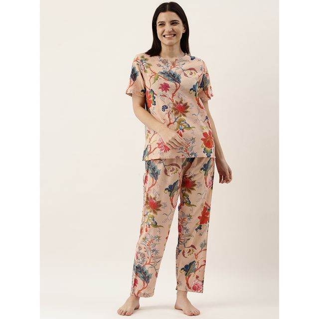 Sanskrutihomes Women's Floral Night Suit | Beige - S