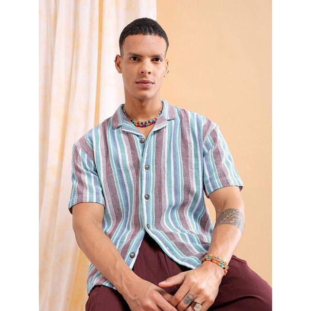 The Indian Garage Co Men's Relaxed Fit Striped Resort Half Sleeve Shirt | Maroon - S