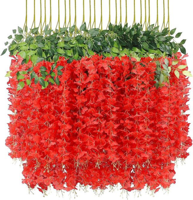 Well Art Gallery Artificial Wisteria Hanging Flowers Vines String Decorations (Pack Of 6,Red)