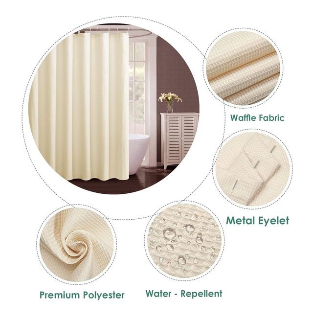 Lushomes Shower Curtain - Cream | Waffle Weave | 12 C-Ring Hooks | Non-PVC | 72 x 78 inch