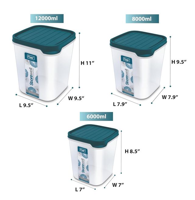Flair Plastic Storewell Square Food Storage Containers Blue Set Of 3 Pcs 6000 Ml, 8000 Ml, 12000 Ml