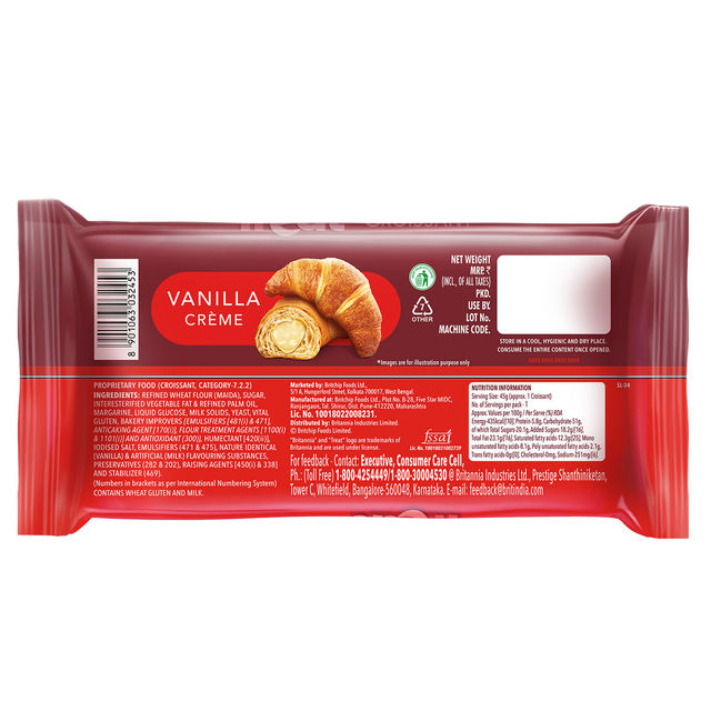 Britannia Treat Croissant - with Vanilla Creme Filling 100% Veg 45 g Combo