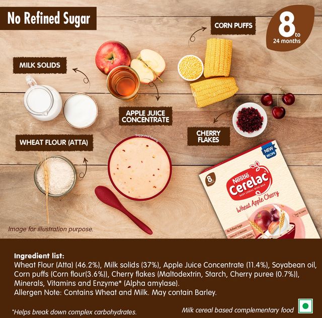 Nestle CERELAC Wheat Apple Cherry Baby Food Cereal (No Refined Sugar, 8 -24 Months)