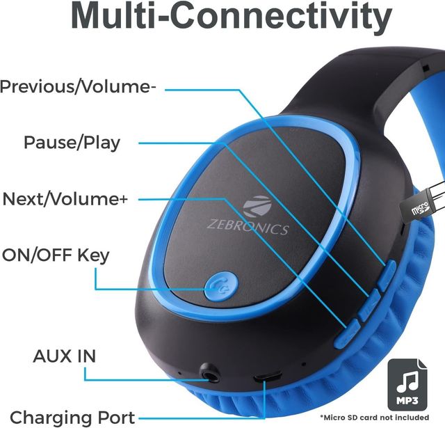 Zebronics Thunder BT 5.3 Headphone, 60H, Gaming Mode, Dual Pairing, ENC, AUX, mSD, Voice Asst(Blue)